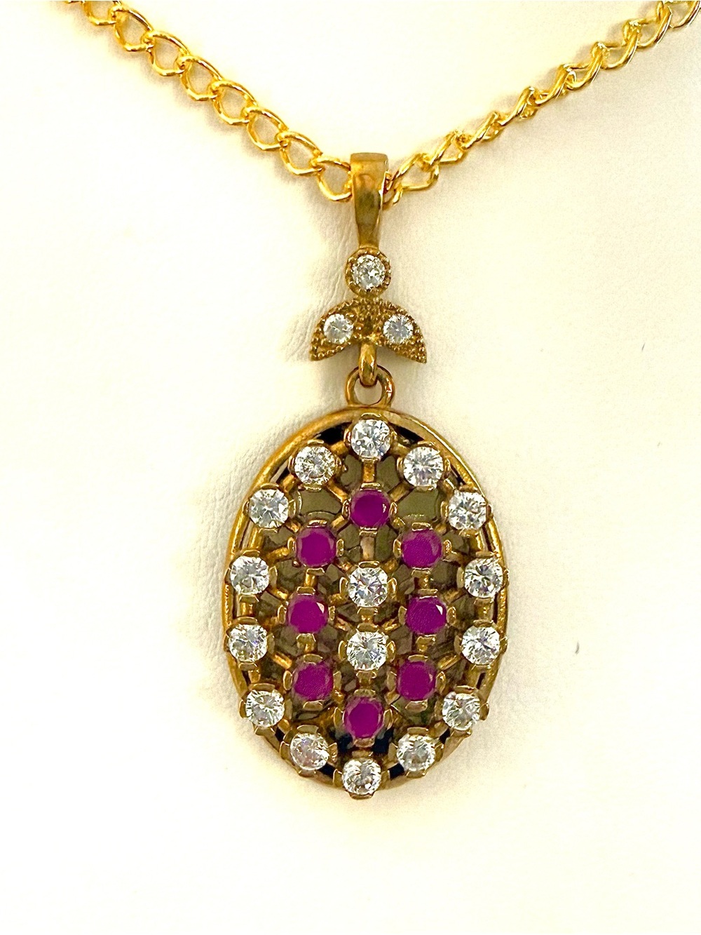 14K Yellow Gold CZ Ruby Simulant Oval Cluster Necklace Fine Jewelry